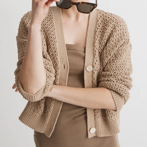 Madewell Open-Stitch Crop Cardigan Sweater 100% Cotton, Tan Light Brown, Medium - Picture 3 of 12